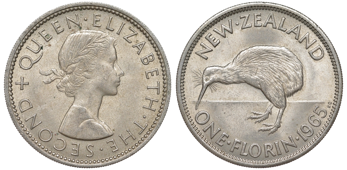 Новая Зеландия 1 флорин 1965 Елизавета II (1952-2022), птичка киви KM 28.2 медно-никель XF-UNC 51-817