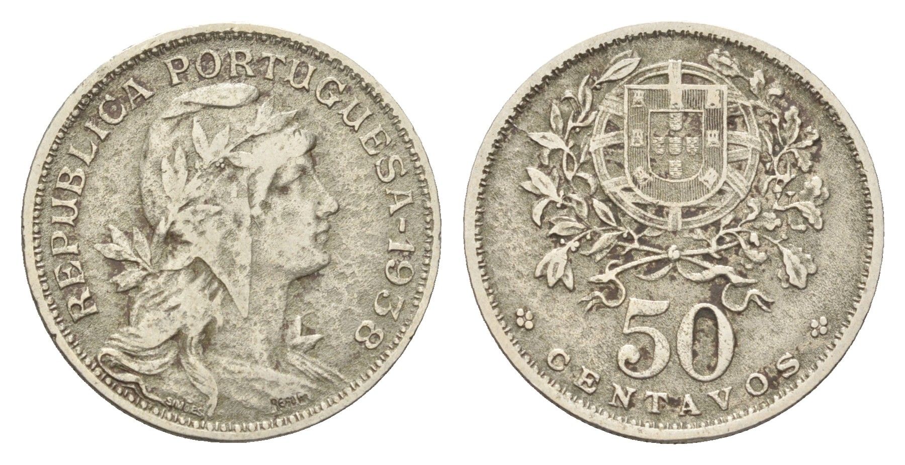 Португалия 50 сентаво 1938 голова Свободы вправо KM 577 никель латунь 4660-946