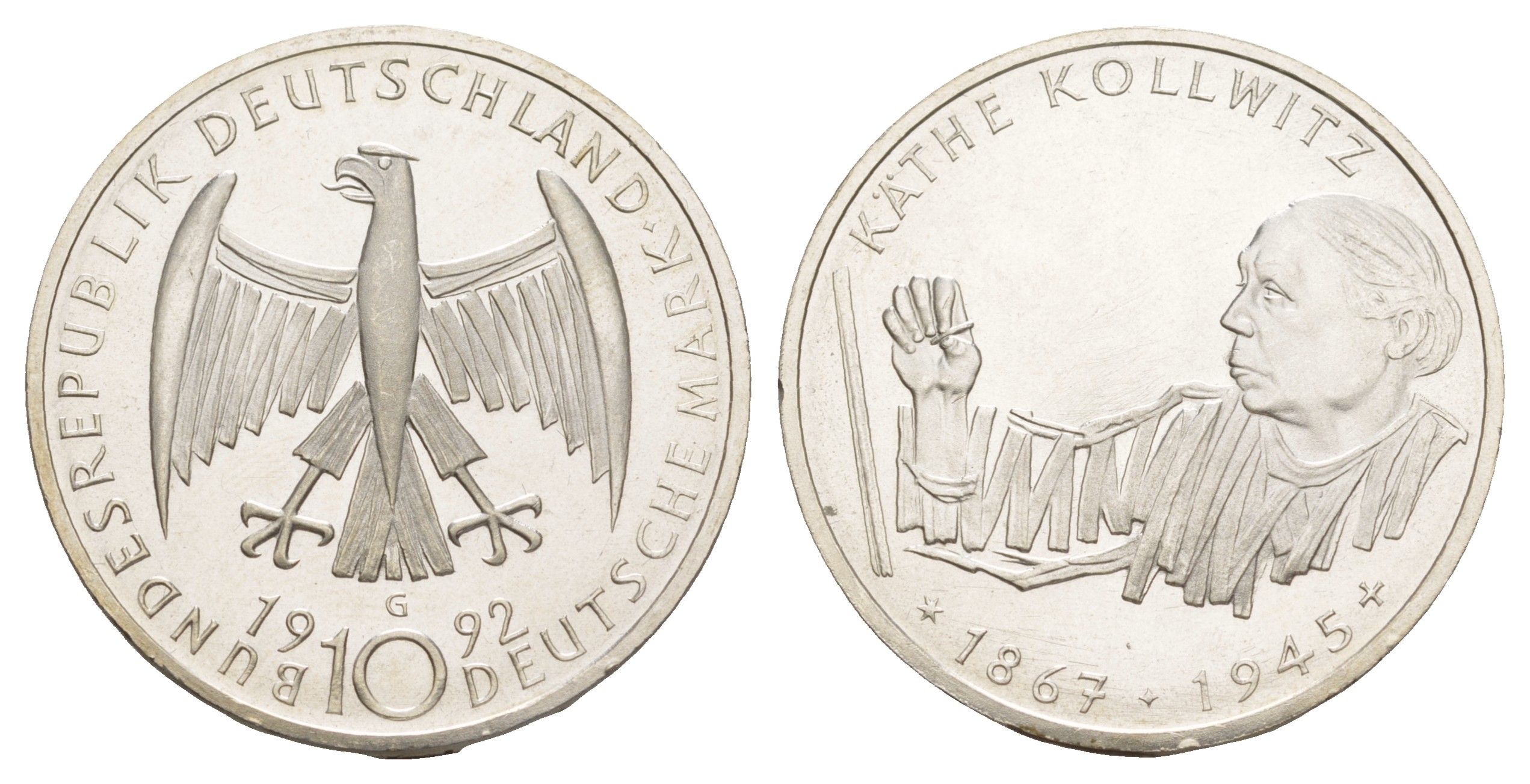 ФРГ 10 марок 1992 G, 125 лет со дня рождения Кете Кольвиц KM 178 серебро UNC 4634-1025