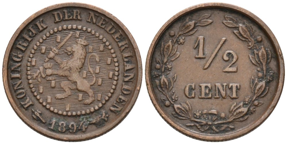 Нидерланды 1/2 цента 1894 Вильгельмина (1890-1948) KM 108 бронза 4576-132