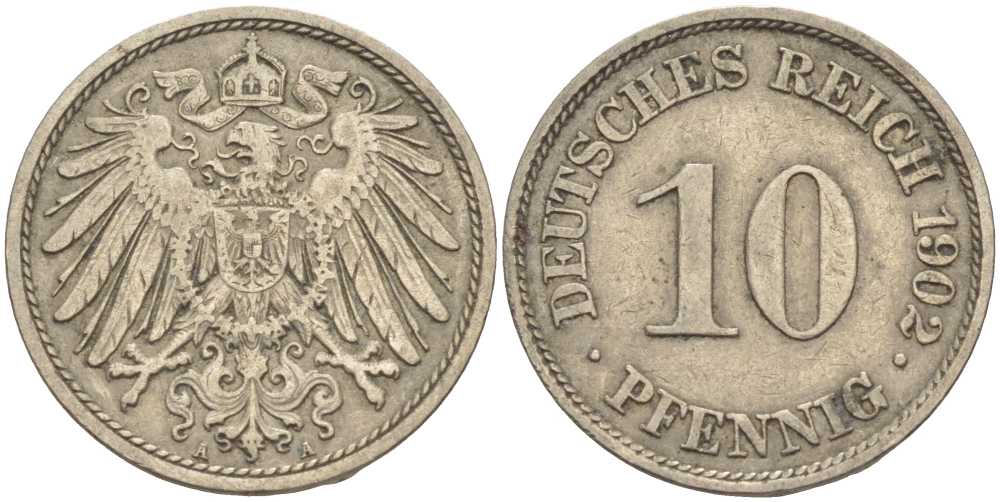 ГЕРМАНИЯ 10 ПФЕННИГОВ 1902 A KM 12, J. 13 медно-никель 4401-1243