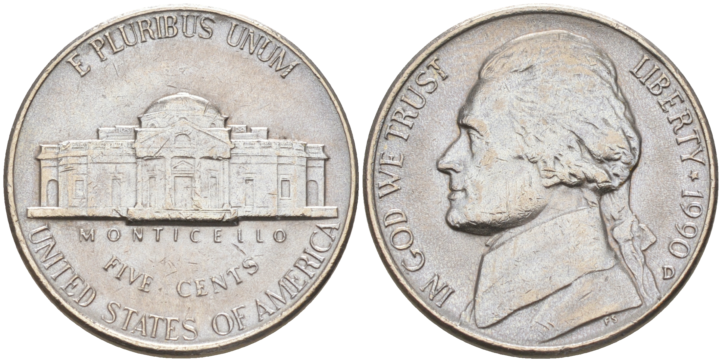 США 5 ЦЕНТОВ 1990 D, ДЖЕФФЕРСОН KM A192 медно-никель 190-152