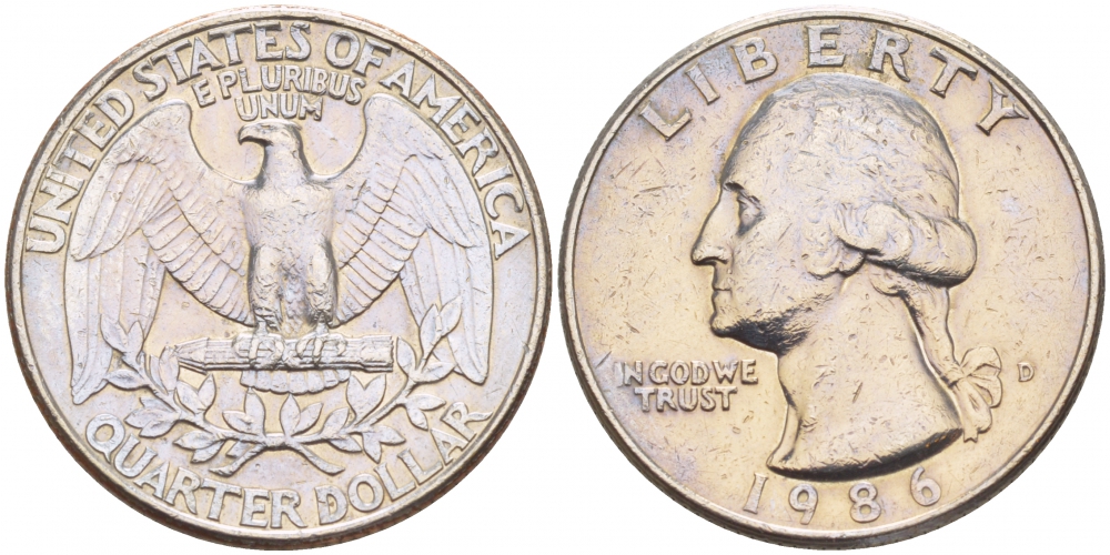 США 25 ЦЕНТОВ = КВОТЕР 1986 D, ВАШИНГТОН KM А164а медь плакированная медно-никелем 4546-526