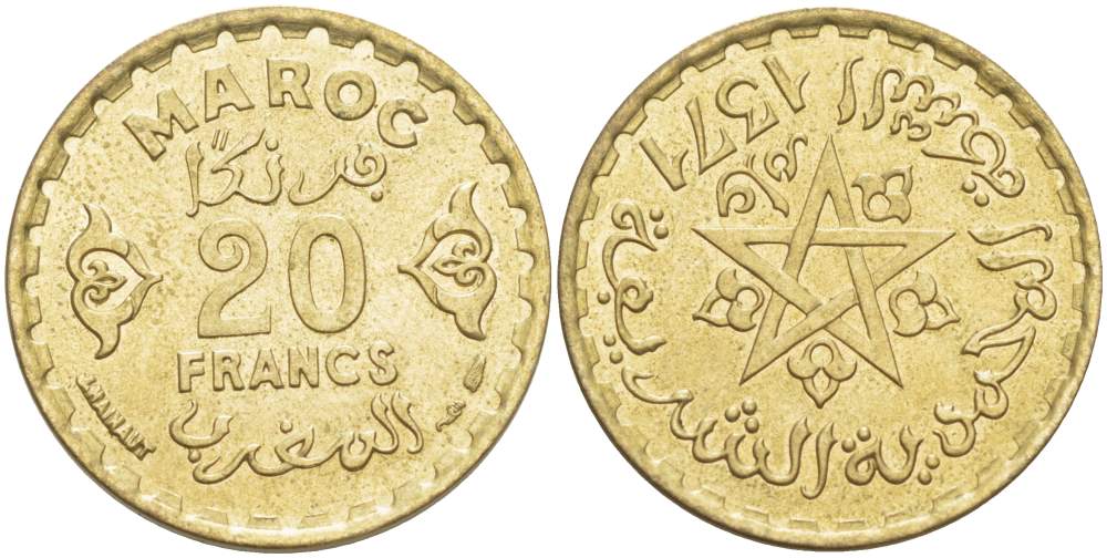 МАРОККО 20 ФРАНКОВ 1952 АН1371, Mohammed V (1927-1962), ФРАНЦУЗСКИЙ ПРОТЕКТОРАТ KM 50 алюминиевая бронза 4523-1217