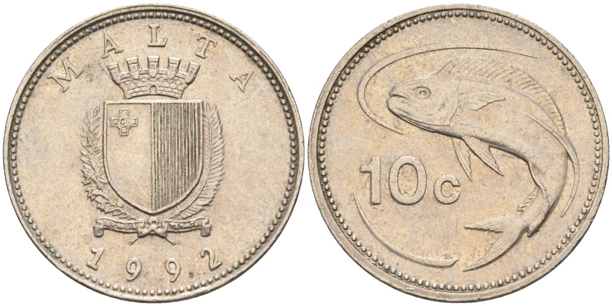 Мальта 10 центов 1992 золотая макрель KM 96 медно-никель 4588-235