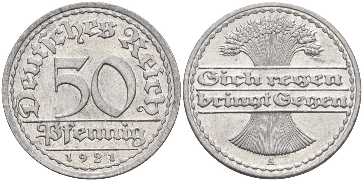 Германия 50 пфеннигов 1921 A KM 27, J.301, Weege 10 алюминий UNC 4584-812