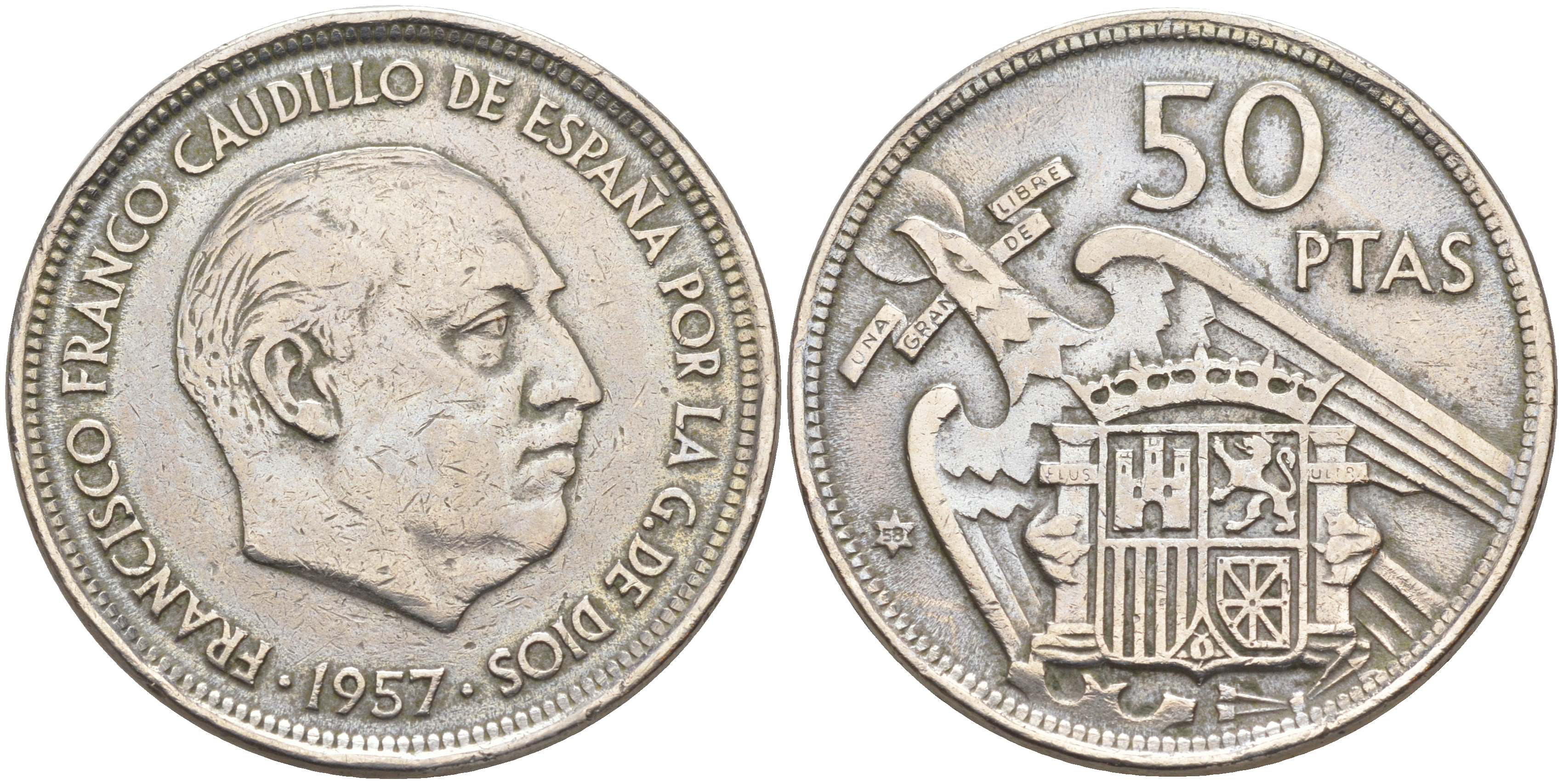 ИСПАНИЯ 50 ПЕСЕТ 1957 (58) ФРАНСИСКО ФРАНКО ДИКТАТОР ИСПАНИИ (1939-1975) KM 786 медно-никель 4111-122