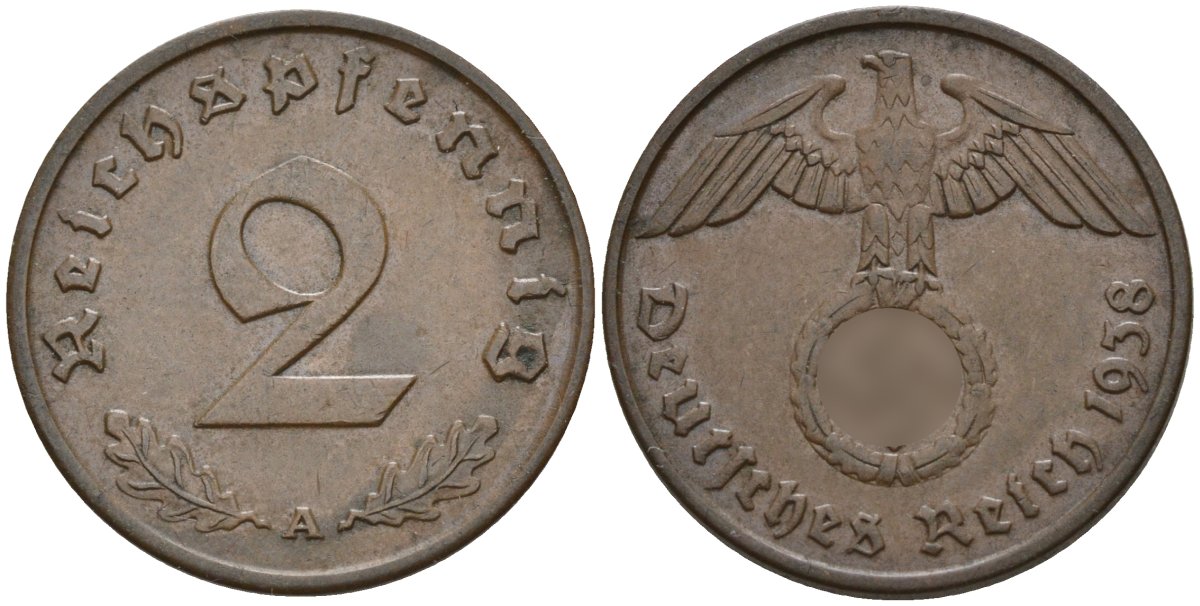 Германия 2 рейхспфеннига 1938 A KM 90, J. 362 бронза 4147-1261