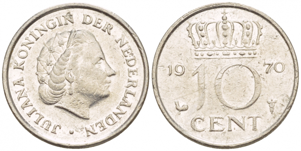 Нидерланды 10 центов 1970 Юлиана (1948-1980) KM 182 никель 4547-843