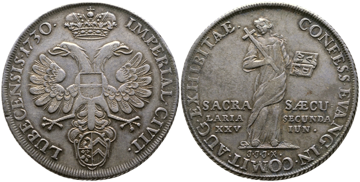 Любек 1 талер 1730 200 лет перехода в Аугсбургского вероисповедания Dav. 2416 серебро 00-000-00