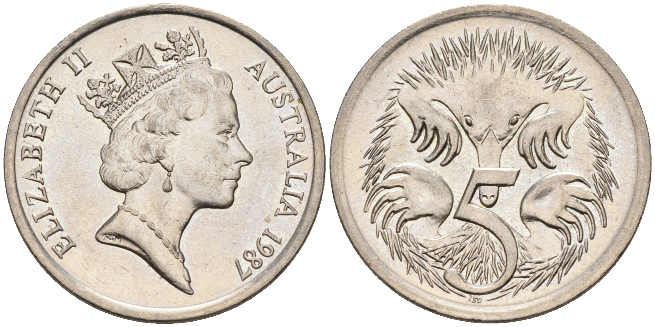 АВСТРАЛИЯ 5 ЦЕНТОВ 1987 ЕЛИЗАВЕТА II, ВТОРОЙ ПОРТРЕТ В КОРОНЕ, ЕХИДНА KM 80 медно-никель 4564-226