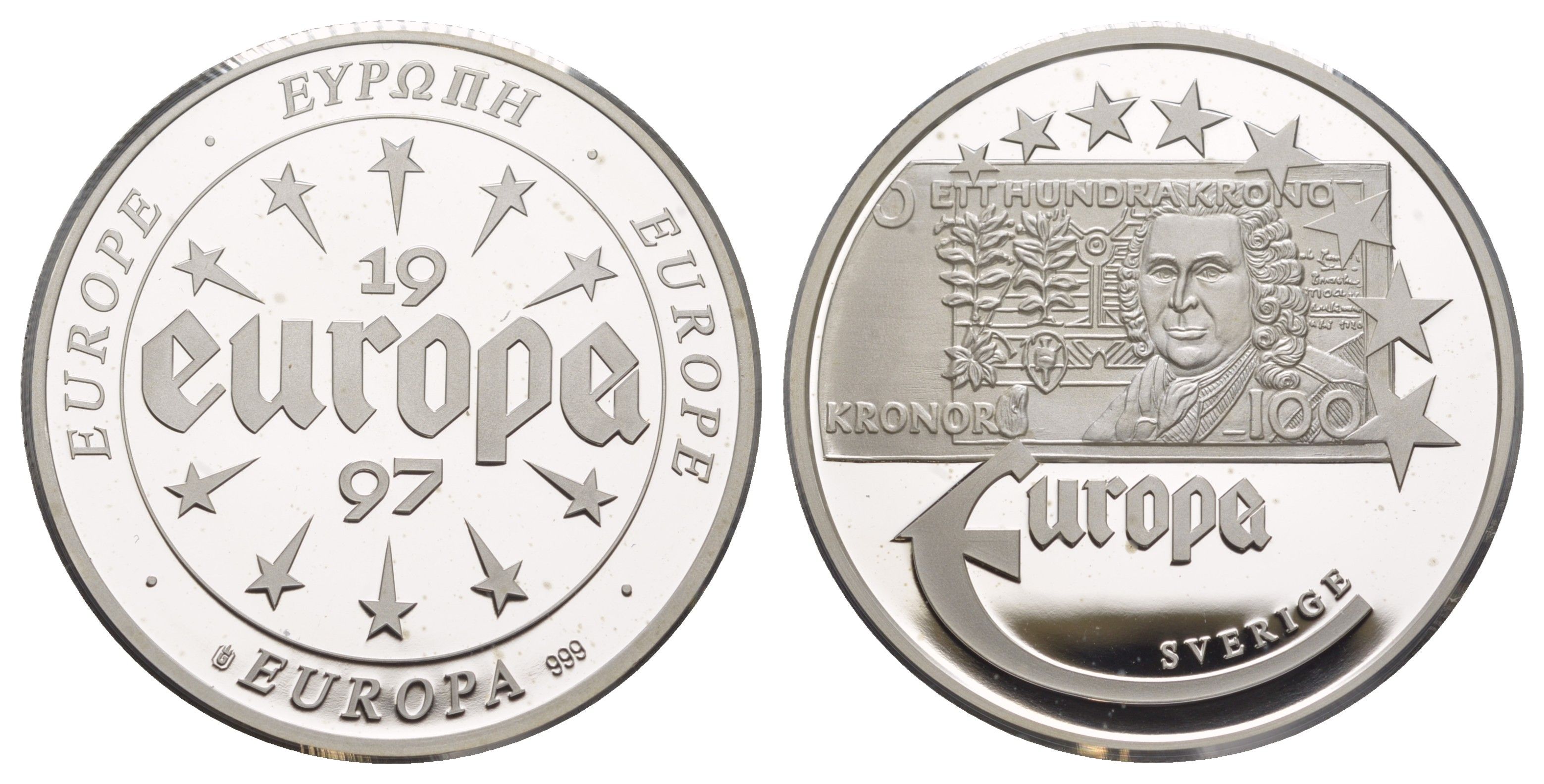 Швеция серия медалей "Европа" 1997 диаметр 40 мм, вес 20 гр серебро PROOF 11-324-14