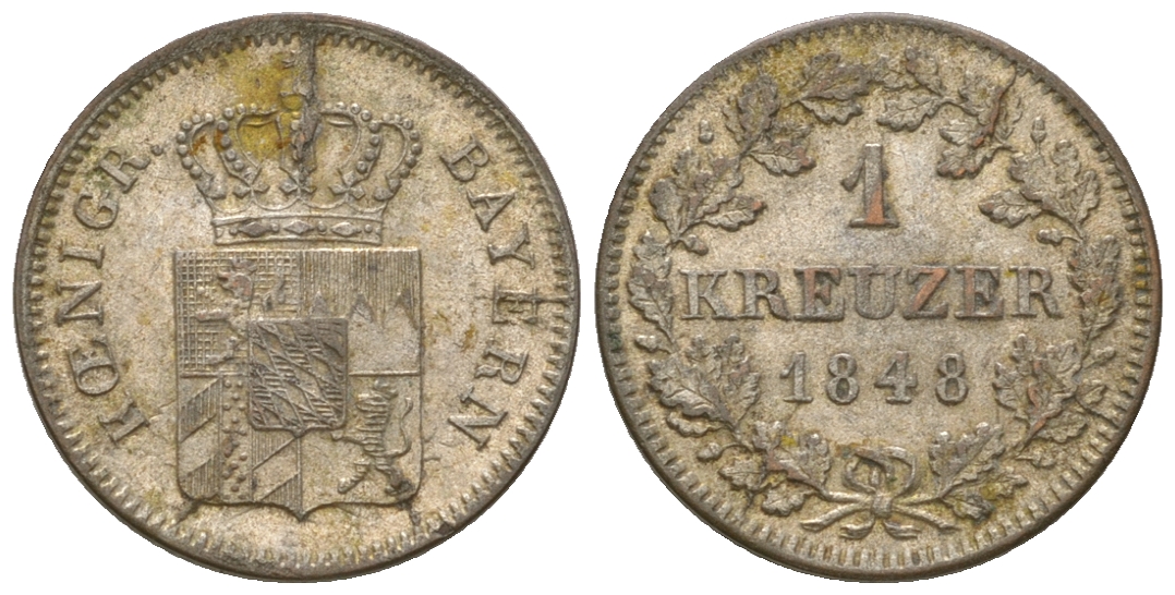 Бавария 1 крейцер 1848 Людвиг I (1825-1848) KM 422, AKS 88 серебро 4576-139