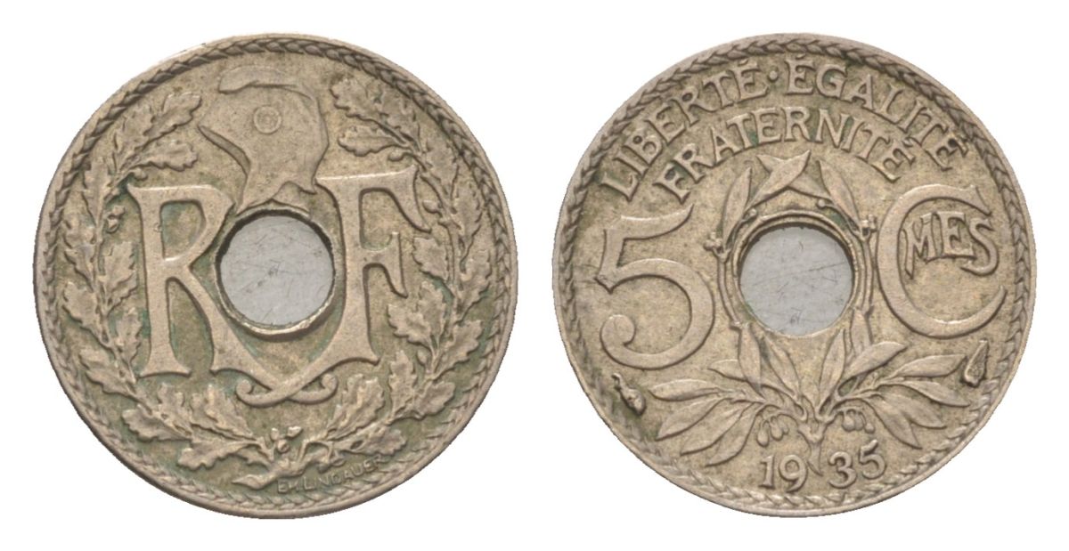 Франция 5 сантимов 1935 KM 875 медно-никель 4623-835