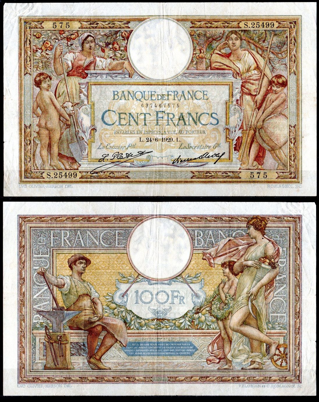 Франция 100 франков 1929 Pick 78 b бумага 7183-2-2-2