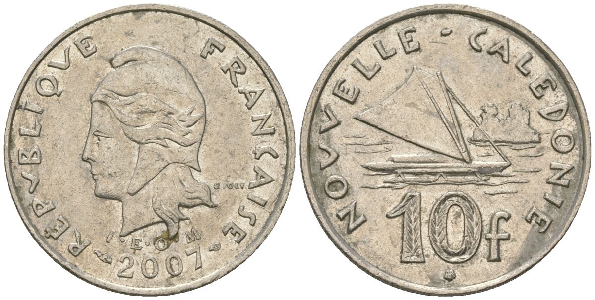 Французская Новая Каледония 10 франков 2007 рыбачья парусная лодка, (IEOM) KM 11a, Schoen 13a, Lec 99k медно-никель 56-1012