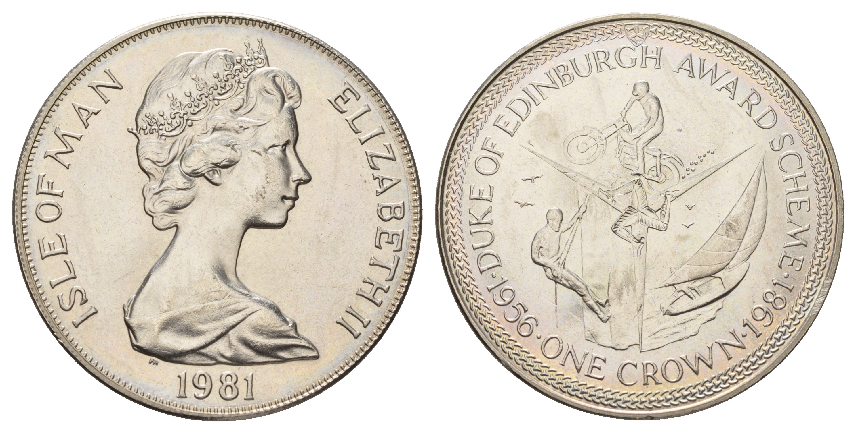 Остров Мэн 1 крона 1981 приз герцога Эдинбургского, мотоспорт, яхтинг, скалолазание КМ 76 медно-никель UNC 4386-231