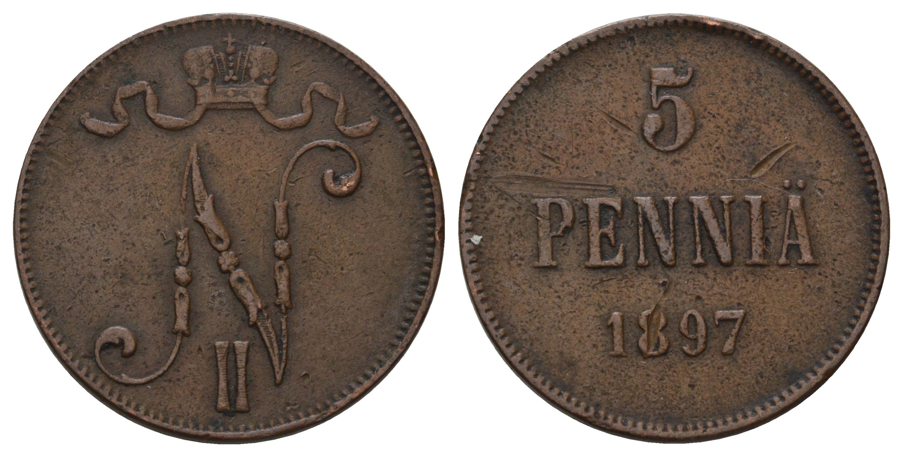 Россия для Финляндии 5 пенни 1897 Николай II (1894-1917) Биткин 442 медь 4128-327