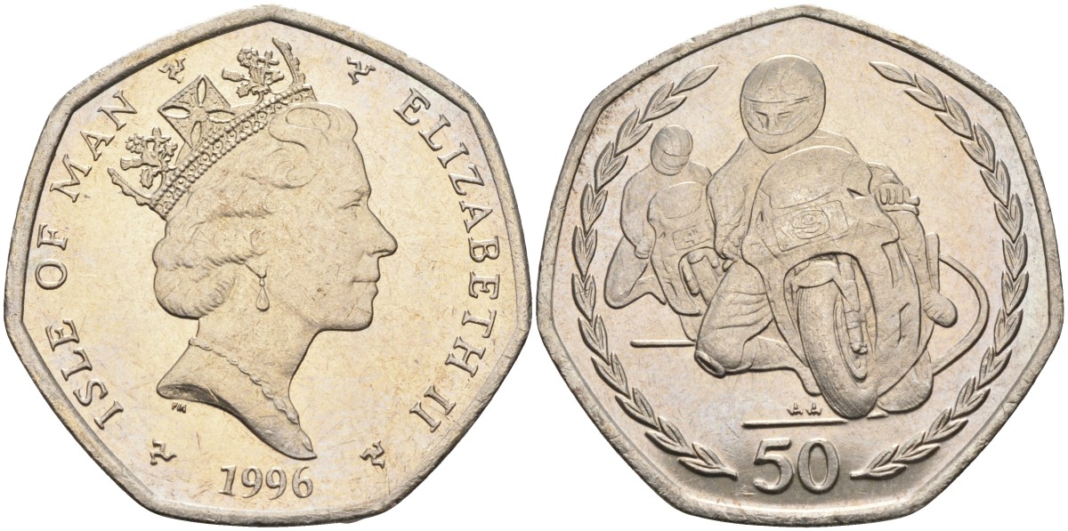 Остров Мэн 50 пенсов 1996 АА, мотогонки, Елизавета II (1952), диаметр 30 мм. KM 593 медно-никель BUNC 00-807-24