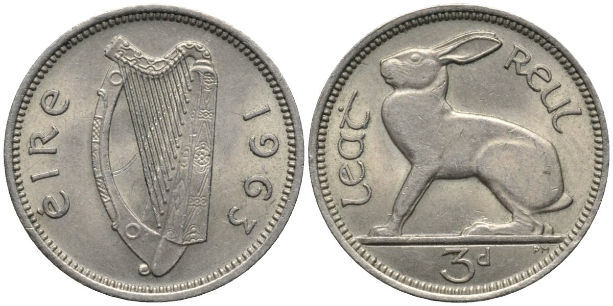 Ирландия 3 пенса 1963 заяц KM 12a медно-никель 4164-463