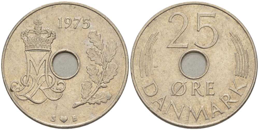 Дания 25 эре 1975 S; B, Маргрете II (1972- ) KM 861.1 медно-никель 94-613