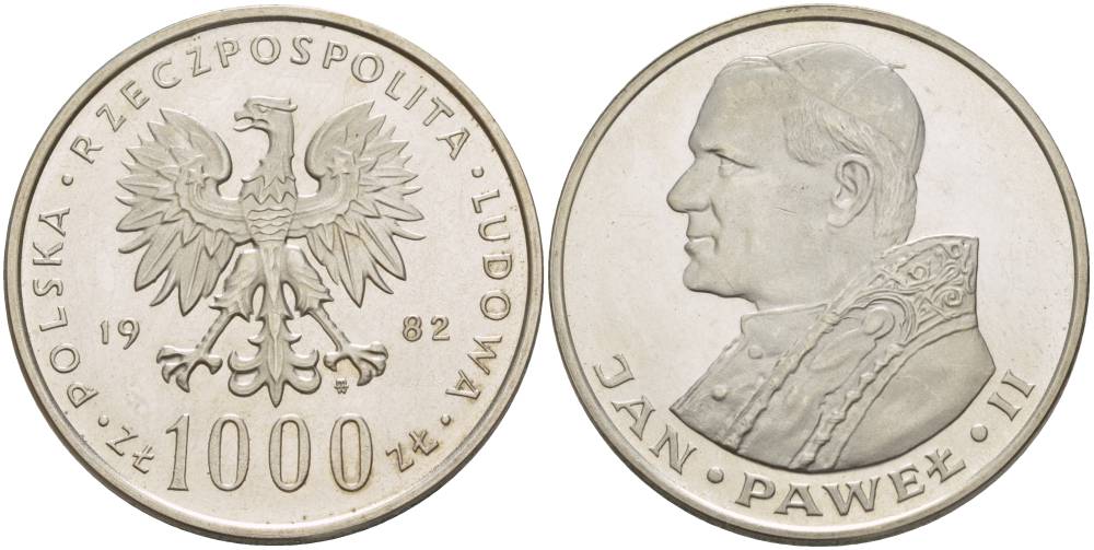 Польша 1000 злотых 1982 MW, визит папы Иоанна Павла II в Польшу KM 144, Parchimowicz 337a серебро UNC 1087-6-64