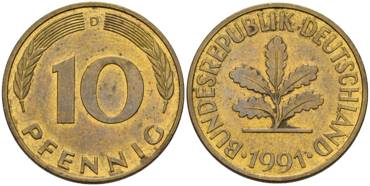 ФРГ 10 пфеннигов 1991 D KM 108, J. 383 сталь плакированная латунью 4175-827