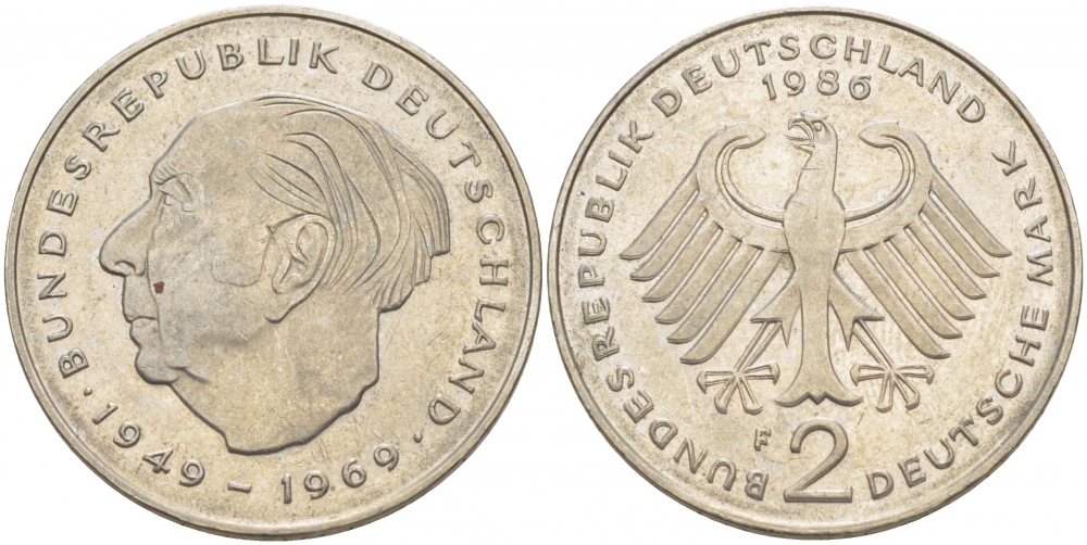 ФРГ 2 МАРКИ 1986 F, ТЕОДОР ХОЙС KM 127, J. 407 медно-никель плакированный никелем 3996-854