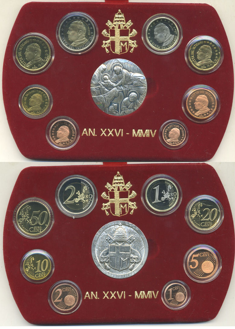 Ватикан евронабор из 8 монет + серебряная медаль 2004 Папа Иоанн Павел II, в оригинальной коробке, с сертификатом KM PS 17 биметалл PROOF 5-4-6-05