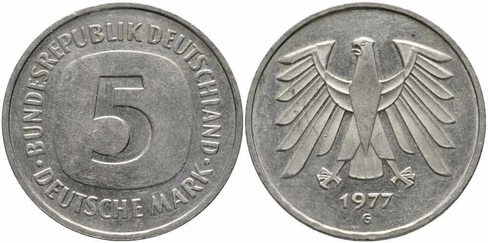 ФРГ 5 МАРОК 1977 G KM 141, J. 415 медно-никель плакированный никелем 111-324