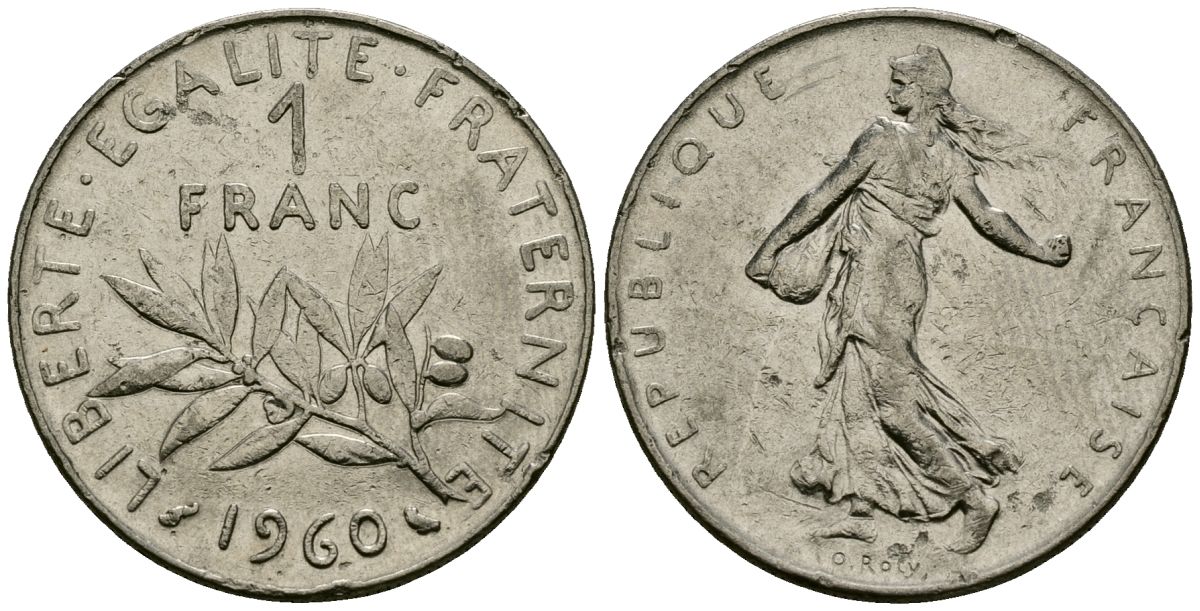 Франция 1 франк 1960 сеятель KM 925.1, Le Franc 226.4 никель 4138-246