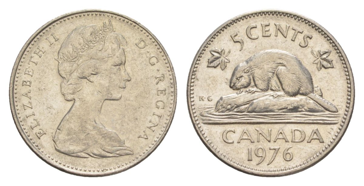Канада 5 центов 1976 Елизавета II (1952-2022), бобр KM 60.1 никель 4630-724