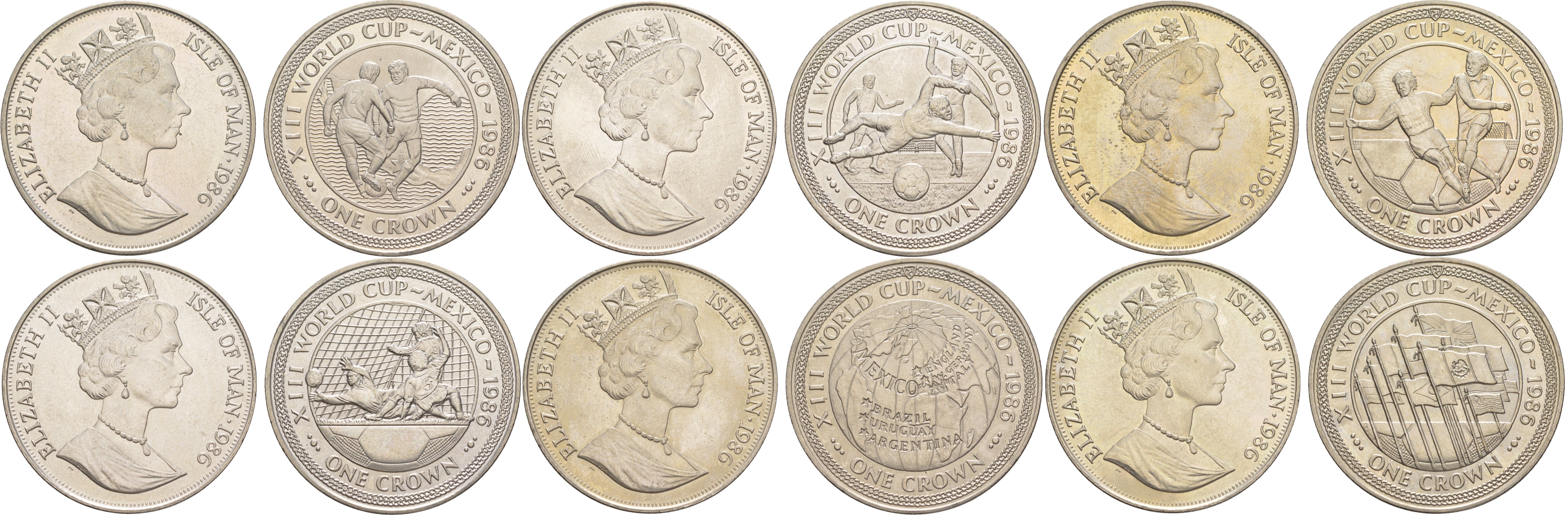 Остров Мэн полный набор из 6 монет (1 крона) 1986 чемпионат мира по футболу 1986 года в Мексике KM 160, 161, 162, 163, 164 и 165 медно-никель BU 74-1325-1335