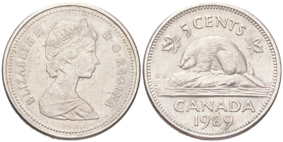 Канада 5 центов 1989 Елизавета II, бобер KM 60.2a медно-никель 4611-547