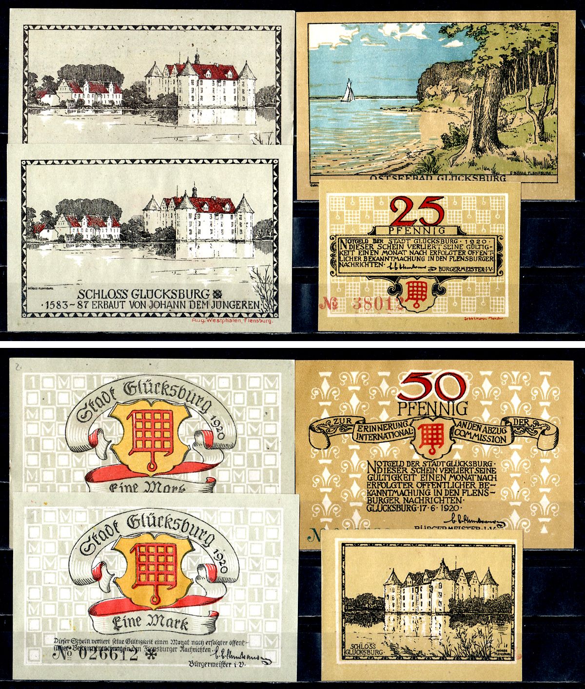 Глюксбург (Пруссия, Шлезвиг-Гольштейн) набор из 4 нотгельдов 1920 7556-9-4-1