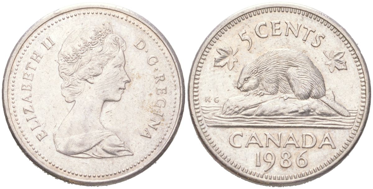 Канада 5 центов 1986 Елизавета II, бобер KM 60.2a медно-никель 4611-522
