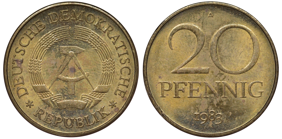 ГДР 20 пфеннигов 1983 А KM 11 латунь 62-1055