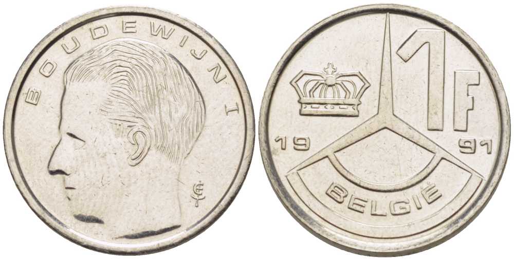 БЕЛЬГИЯ 1 ФРАНК 1991 BELGIE, БОДУЭН I (1951-1993) KM 171 железо плакированное никелем 206-227