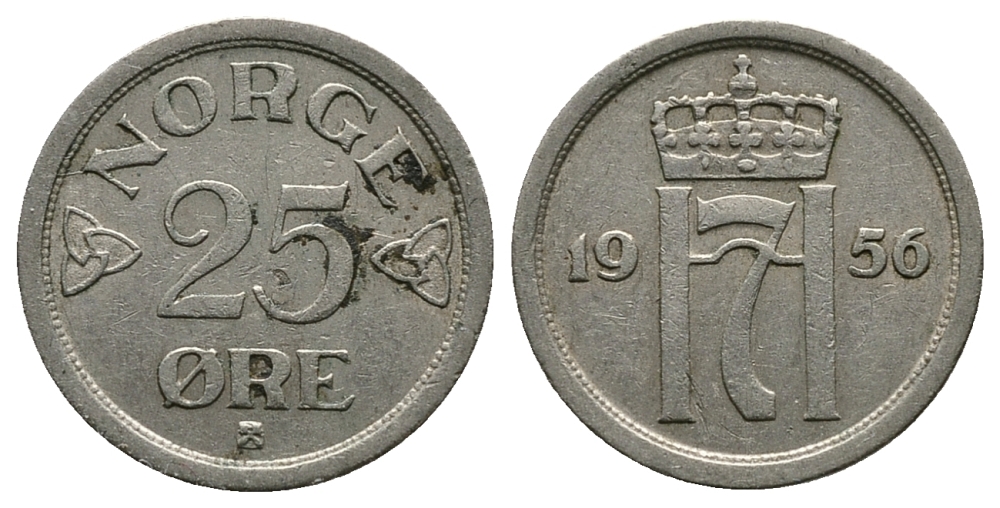 НОРВЕГИЯ 25 ЭРЕ 1956 KM 401 медно-никель 89-1522
