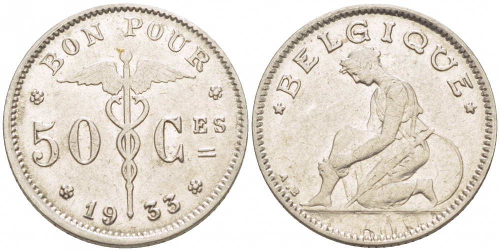 БЕЛЬГИЯ 50 САНТИМОВ 1933 BELGIQUE KM 87 никель 3996-1232
