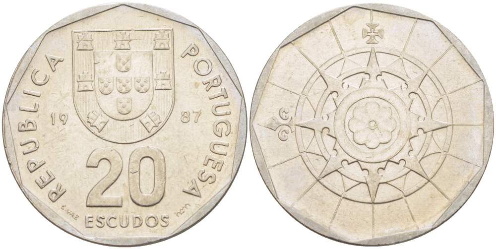 ПОРТУГАЛИЯ 20 ЭСКУДО 1987 KM 634 медно-никель 4521-1242