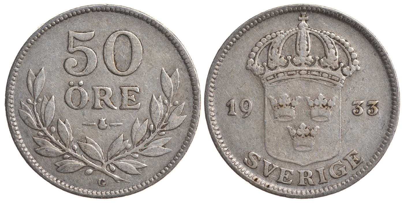 Швеция 50 эре 1933 G, Густав V (1907-1950) KM 788 серебро 4179-942