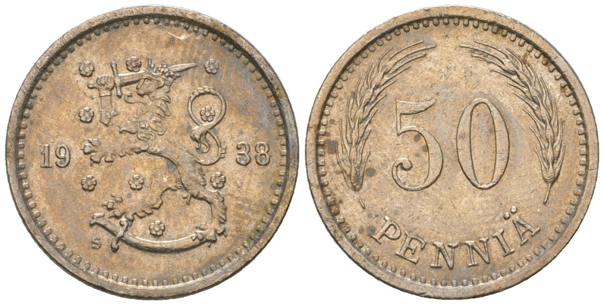 Финляндия 50 пенни 1938 S KM 26 медно-никель 4173-241