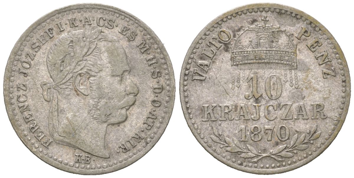 Венгрия 10 крейцеров 1870 KB, Франц Иосиф I (1848-1916) KM 451 серебро 4549-417