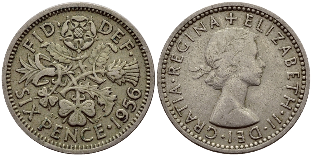 Великобритания 6 пенсов 1956 Елизавета II (1952-2022) KM 903, Spink 4149 медно-никель 75-148