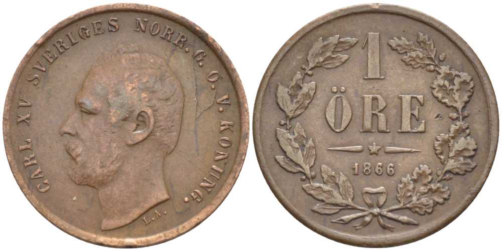 Швеция 1 эре 1866 L.A., Карл XV (1859-1872) KM 750 (490) бронза 116-1121