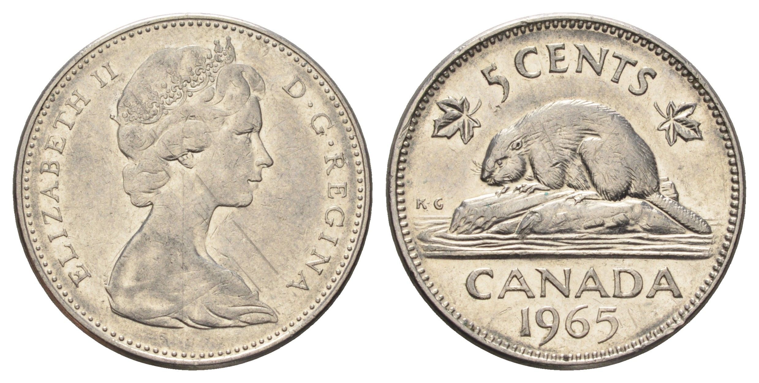Канада 5 центов 1965 Елизавета II (1952-2022), бобр KM 60.1 никель 4689-344