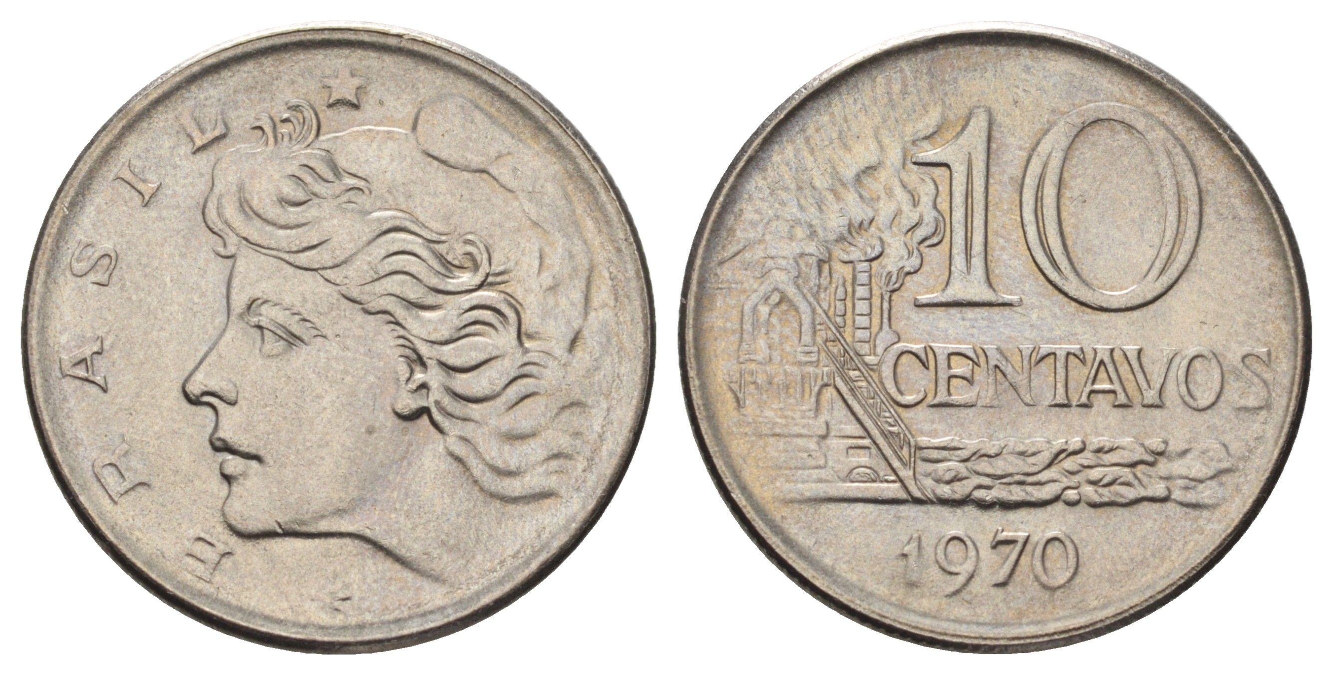 Бразилия 10 сентаво 1970 год-тип KM 578.2 медно-никель UNC 4670-1244