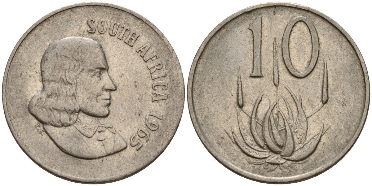 ЮАР 10 центов 1965 SOUTH-AFRICA, Ян Ван Рибек (1619-1677), нидерландский исследователь, мореплаватель, основатель Кейптауна, райский журавль, английская легенда KM 68.1 никель 4156-933