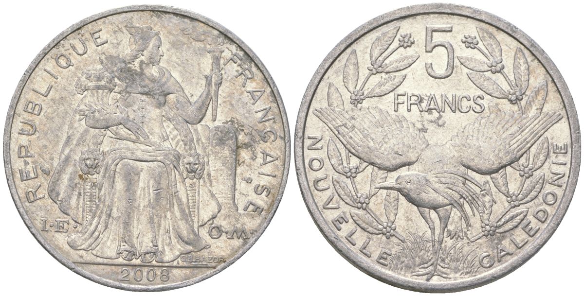 Французская Новая Каледония 5 франков 2008 птица кагу, (IEOM) KM 16, Schoen 12, Lec 81k алюминий 215-535